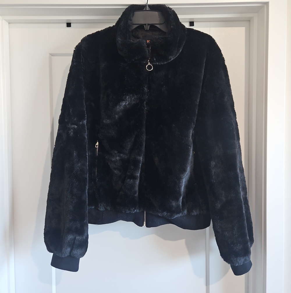 Ambiance Black Faux Fur Zip-Front Teddy Jacket